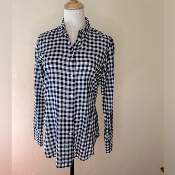 JCREW navy and white gingham checked button Front long sleeve blouse 100% cotton - Picture 3 of 4